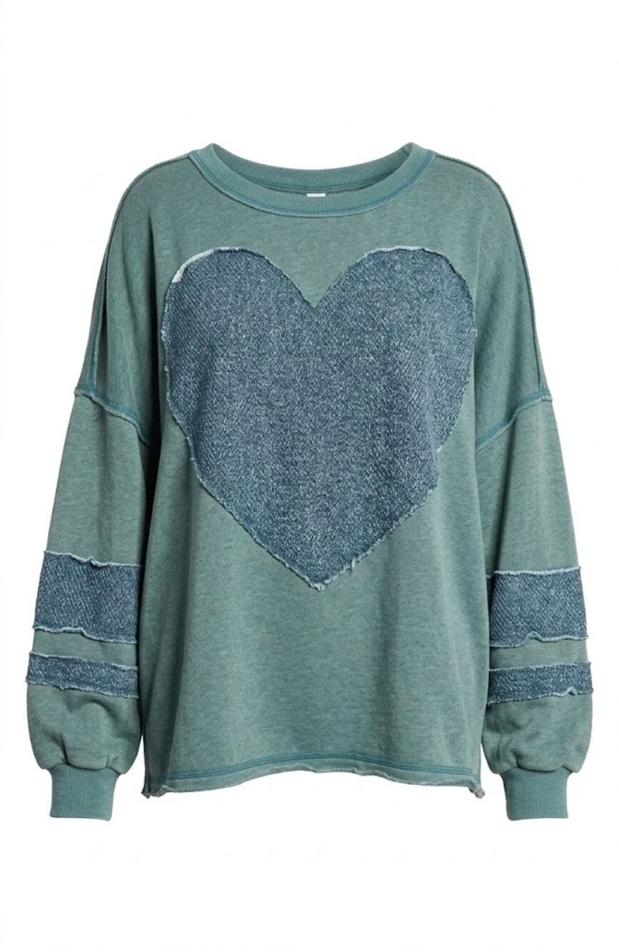 E1989. Easel Teal Heart Patch Textured Terry Oversized Pullover NWT